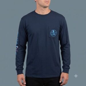 Salt Life Skull Fish Hooks Long Sleeve Pocket Graphic T-Shirt‎ Men Medium Blue